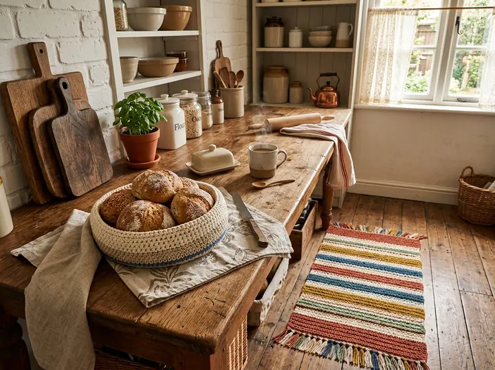 Cuisine avec corbeille à pain et tapis au crochet