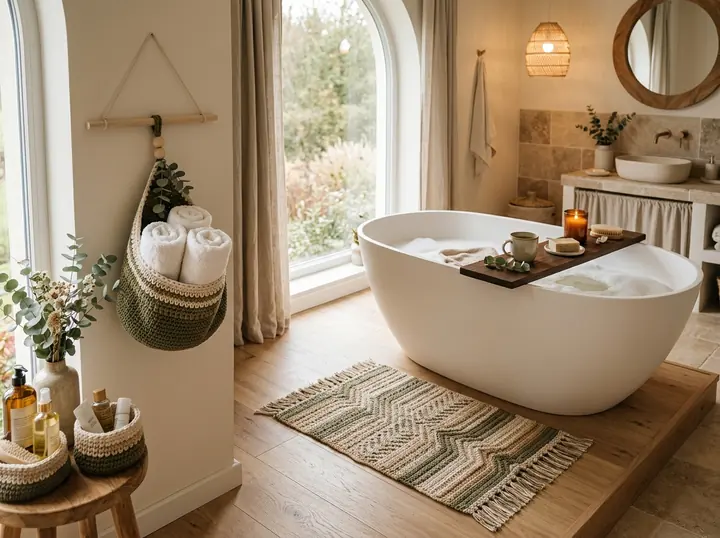Salle de bain avec tapis et panier au crochet