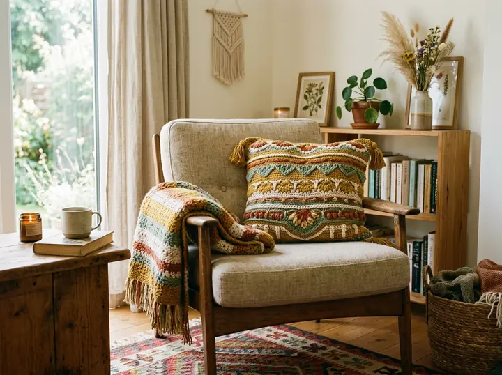 Salon avec coussin et plaid au crochet