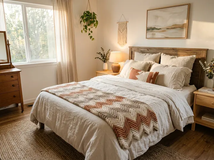 Chambre avec chemin de lit au crochet chevron